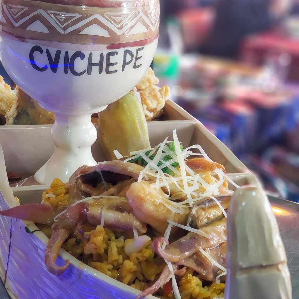 Copa de cerámica Cvichepe junto a un arroz con mariscos